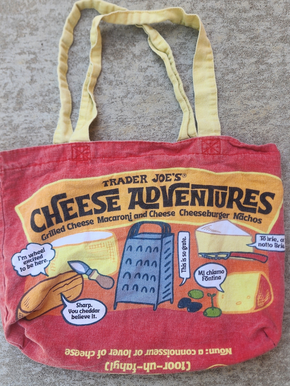 Trader Joe's Cheese Adventures Reusable Canvas Cotton Tote Bag, Red & Yellow
